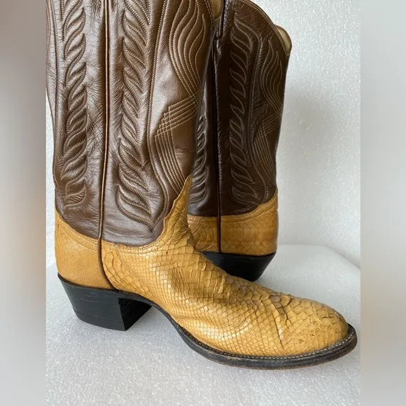 Vintage TONY LAMA Gold Label Snakeskin Brown Cowboy Boots Size 9 D Made in USA