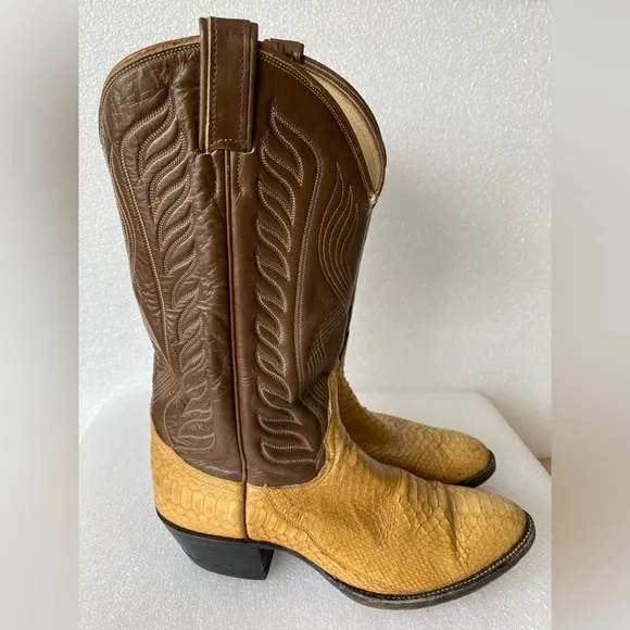 Vintage TONY LAMA Gold Label Snakeskin Brown Cowboy Boots Size 9 D Made in USA