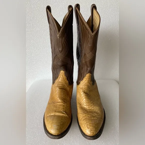 Vintage TONY LAMA Gold Label Snakeskin Brown Cowboy Boots Size 9 D Made in USA