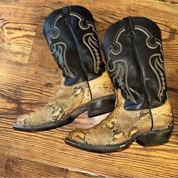 Vintage Tony Lama Snakeskin Python Black Leather Cowboy Western Boots Size 8.5