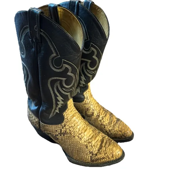 Vintage Tony Lama Snakeskin Python Black Leather Cowboy Western Boots Size 8.5