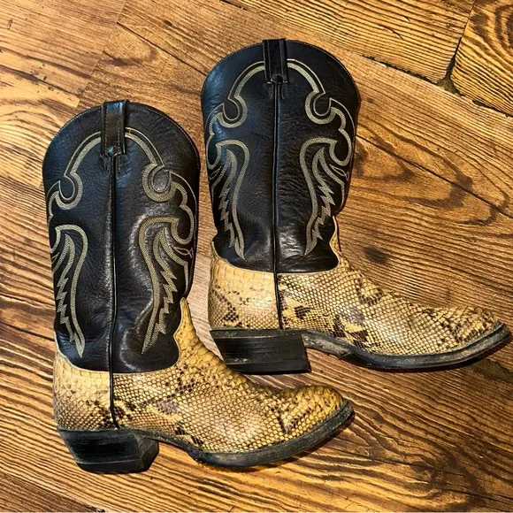 Vintage Tony Lama Snakeskin Python Black Leather Cowboy Western Boots Size 8.5