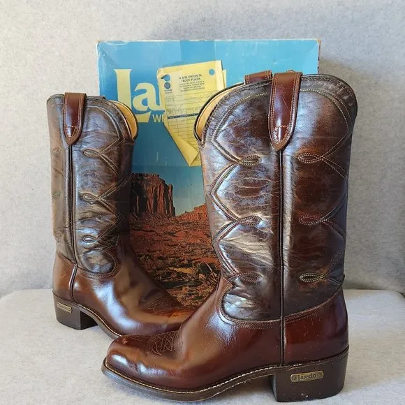 Vintage'80s Laredo Leather Western Blunt Toe Boots Comfort Brown Made in USA