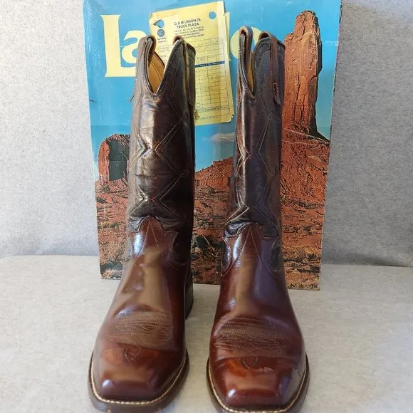 Vintage'80s Laredo Leather Western Blunt Toe Boots Comfort Brown Made in USA