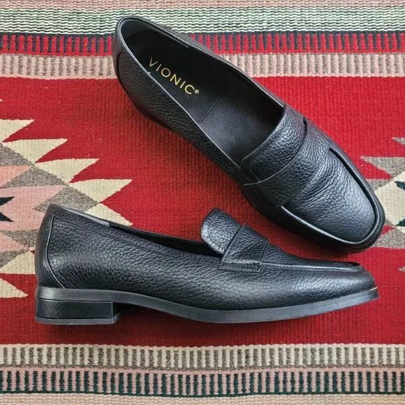 Vionic Sellah Square Toe Pebbled Leather Loafer Shoes Sz 9 Black Slip On Neutral