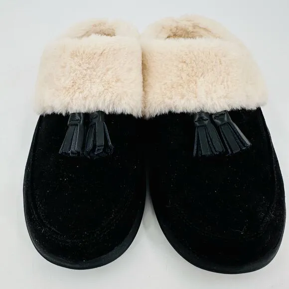 Vionic Womens Perrin Black Cozy Faux Fur Slide Slippers Shoes Size 6.5 BHFO 9640