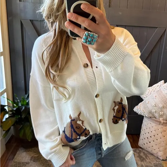 Western Rodeo Horse Knit Button Front Cardigan Sweater Top