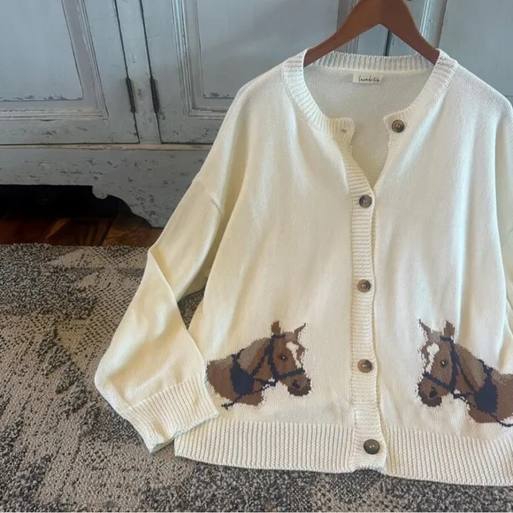 Western Rodeo Horse Knit Button Front Cardigan Sweater Top