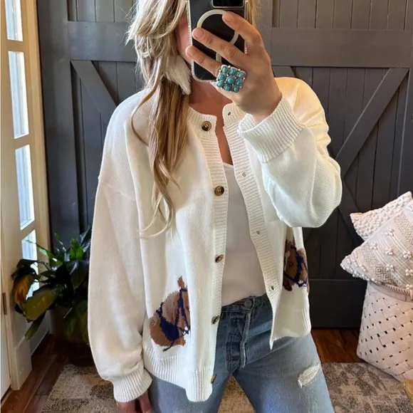 Western Rodeo Horse Knit Button Front Cardigan Sweater Top