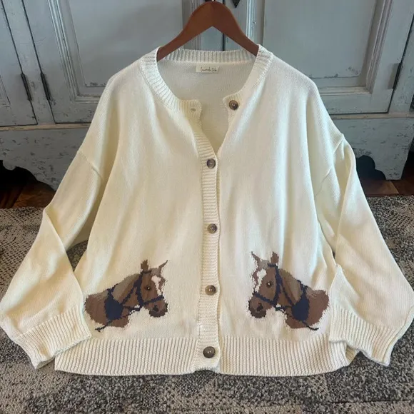 Western Rodeo Horse Knit Button Front Cardigan Sweater Top