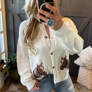 Western Rodeo Horse Knit Button Front Cardigan Sweater Top