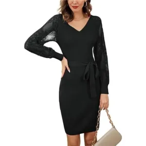WMN'S Lng Slv Lace Ptwrk V-Neck Eleg Knit, Blk