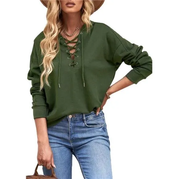Women Lace Up V Neck Drawstring Hoodies Sweatshirt, Green
