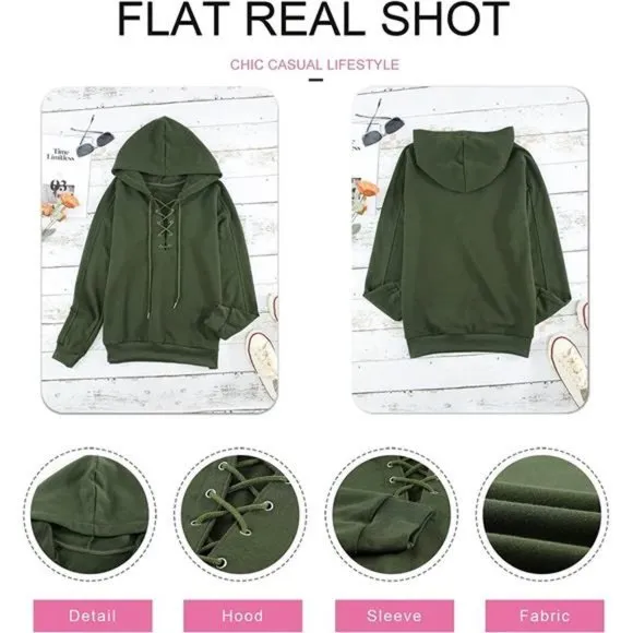 Women Lace Up V Neck Drawstring Hoodies Sweatshirt, Green