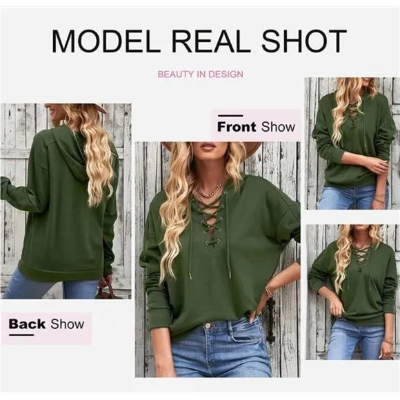 Women Lace Up V Neck Drawstring Hoodies Sweatshirt, Green