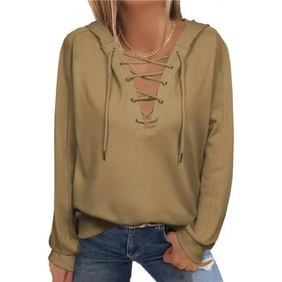 WOMEN Lace Up V Neck Drawstring Hoodies Sweatshirt, Khaki
