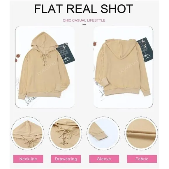 WOMEN Lace Up V Neck Drawstring Hoodies Sweatshirt, Khaki