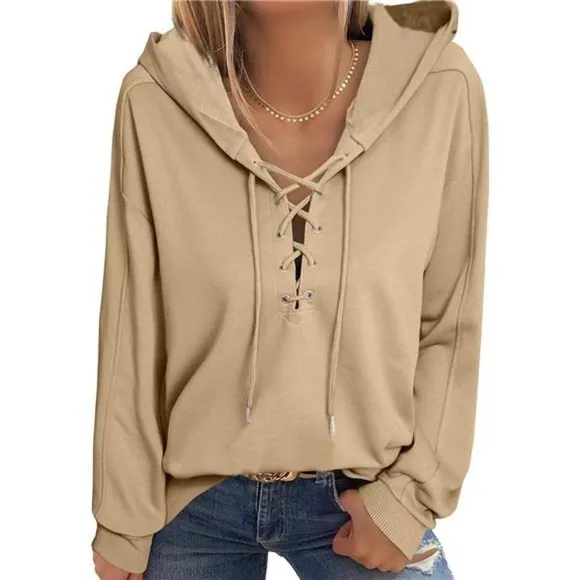 WOMEN Lace Up V Neck Drawstring Hoodies Sweatshirt, Khaki
