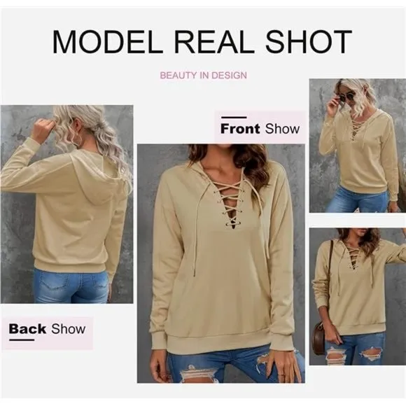 WOMEN Lace Up V Neck Drawstring Hoodies Sweatshirt, Khaki