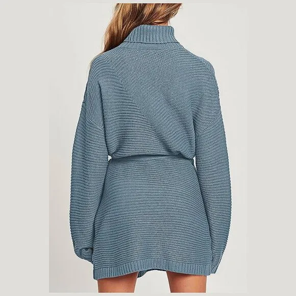 Women's 2024 Fall Sweater Dresses Turtleneck Batwing Navy Blue