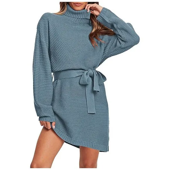 Women's 2024 Fall Sweater Dresses Turtleneck Batwing Navy Blue