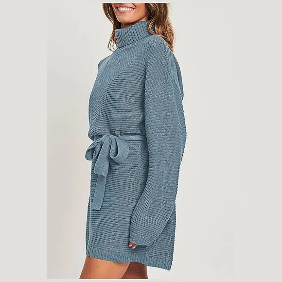Women's 2024 Fall Sweater Dresses Turtleneck Batwing Navy Blue
