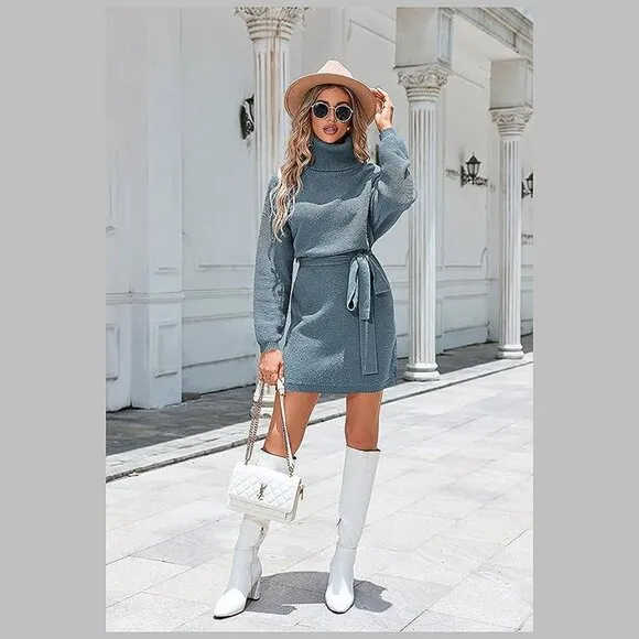Women's 2024 Fall Sweater Dresses Turtleneck Batwing Navy Blue