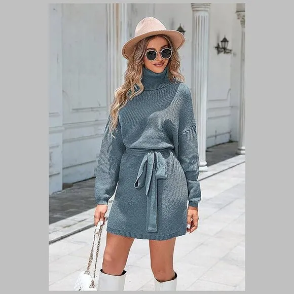 Women's 2024 Fall Sweater Dresses Turtleneck Batwing Navy Blue