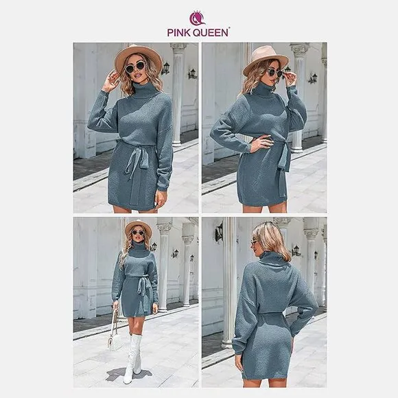 Women's 2024 Fall Sweater Dresses Turtleneck Batwing Navy Blue