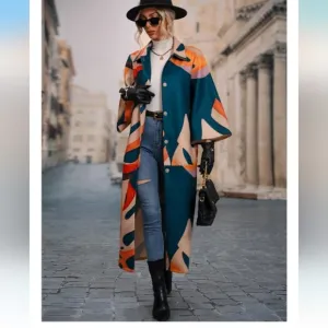 Women's Abstract Print Maxi Coat sz 12