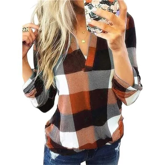 Womens Basic Casual V Neck Plaid Print Cotton Cuffed Long Sleeve Tops‎ Blouses