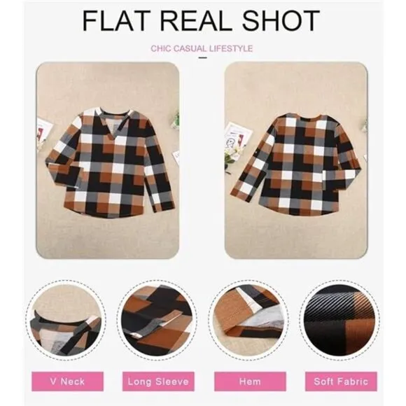 Womens Basic Casual V Neck Plaid Print Cotton Cuffed Long Sleeve Tops‎ Blouses