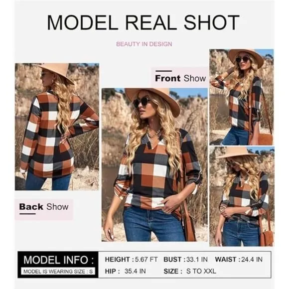 Womens Basic Casual V Neck Plaid Print Cotton Cuffed Long Sleeve Tops‎ Blouses