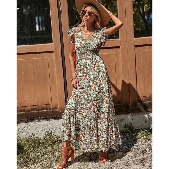 Women’s Ditsy Floral Ruffle Trim V Neck Smocked Waist Boho Maxi Dress Nwt