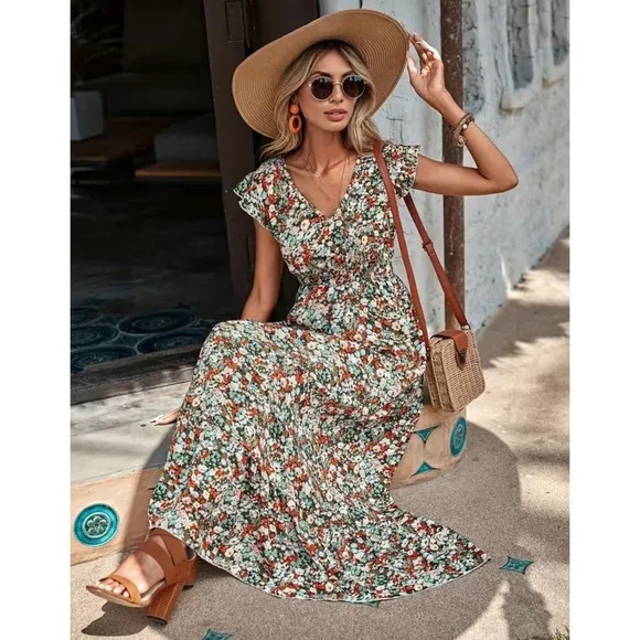 Women’s Ditsy Floral Ruffle Trim V Neck Smocked Waist Boho Maxi Dress Nwt