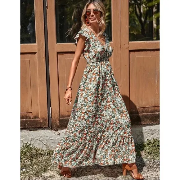 Women’s Ditsy Floral Ruffle Trim V Neck Smocked Waist Boho Maxi Dress Nwt