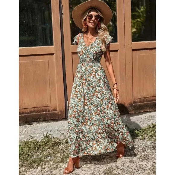 Women’s Ditsy Floral Ruffle Trim V Neck Smocked Waist Boho Maxi Dress Nwt