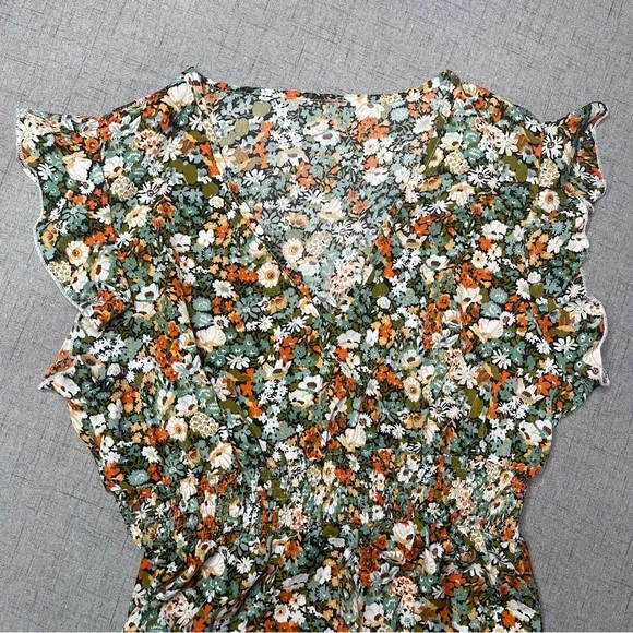 Women’s Ditsy Floral Ruffle Trim V Neck Smocked Waist Boho Maxi Dress Nwt