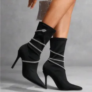 Women's Fashion Black Snake Shaped Rhinestone Embellished Elastic Boot Socks,
