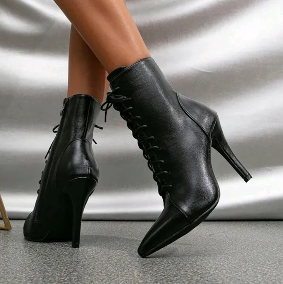 Women's Fashion Pointed Toe High Heel Boots, Mid-Calf Zipper Lace-Up Boots,Autum