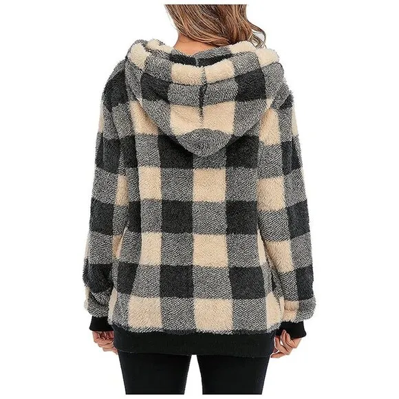 Women's Fuzzy Hoodies Sport Pullover Hoodie Y Plaid Khaki