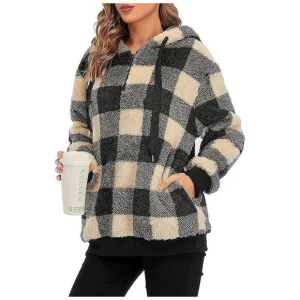 Women's Fuzzy Hoodies Sport Pullover Hoodie Y Plaid Khaki