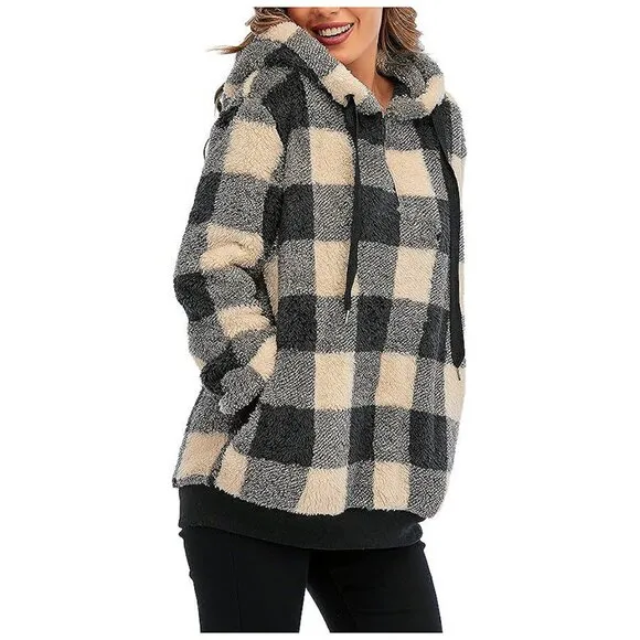 Women's Fuzzy Hoodies Sport Pullover Hoodie Y Plaid Khaki