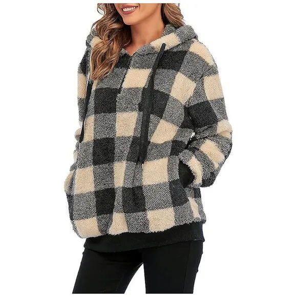 Women's Fuzzy Hoodies Sport Pullover Hoodie Y Plaid Khaki
