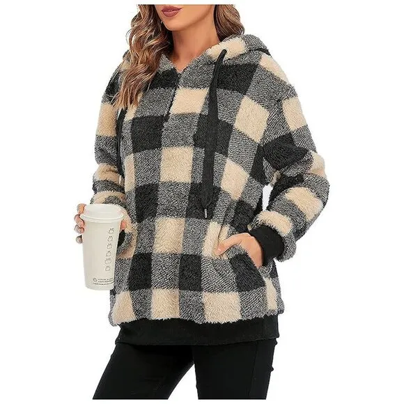 Women's Fuzzy Hoodies Sport Pullover Hoodie Y Plaid Khaki