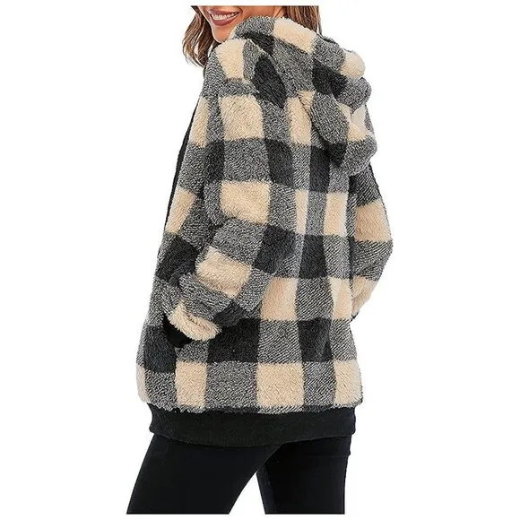 Women's Fuzzy Hoodies Sport Pullover Hoodie Y Plaid Khaki