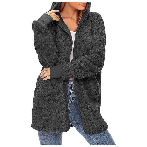 Women's Fuzzy Hoodies Sport Pullover Hoodie Z Cardigan Dark Grey