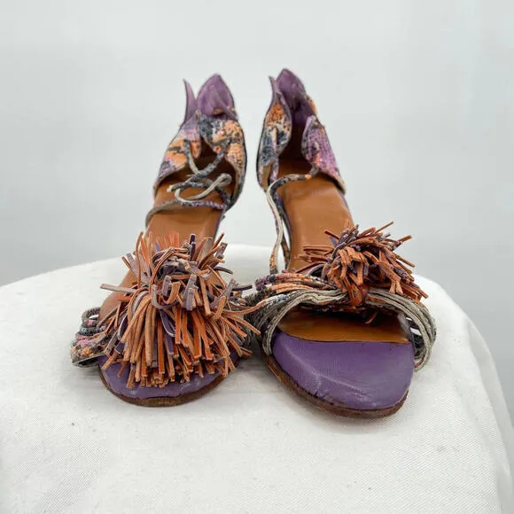 Women's Handmade Python Pompom Pump Sandals Purple and Orange Shoes 39/8.5
