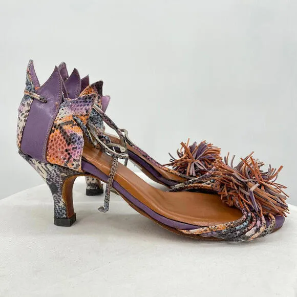 Women's Handmade Python Pompom Pump Sandals Purple and Orange Shoes 39/8.5