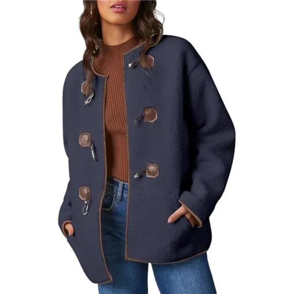Womens Jackets Fashion Faux Shearling Oversized Navy Blue